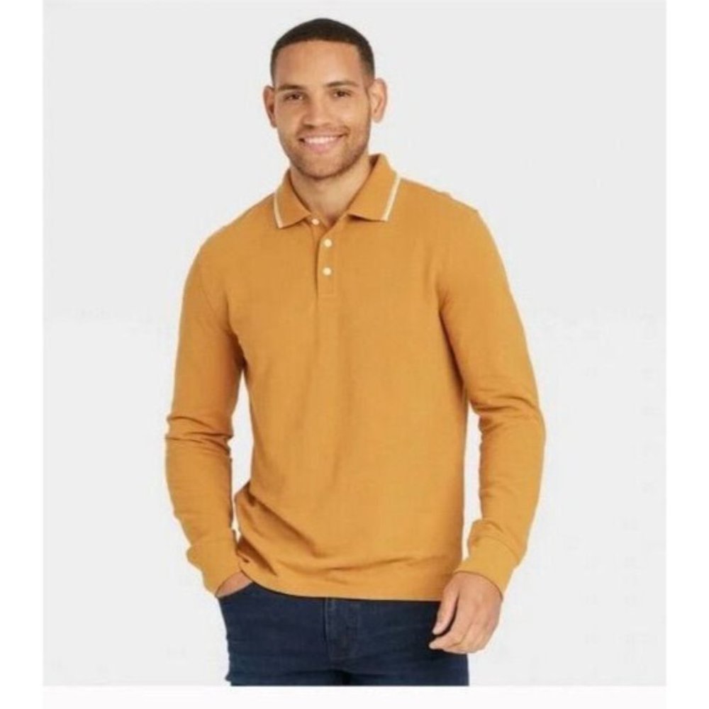 Goodfellow Mens Long Sleeve Rugby Polo Shirt L Harvest Gold Mustard Stripe NWT